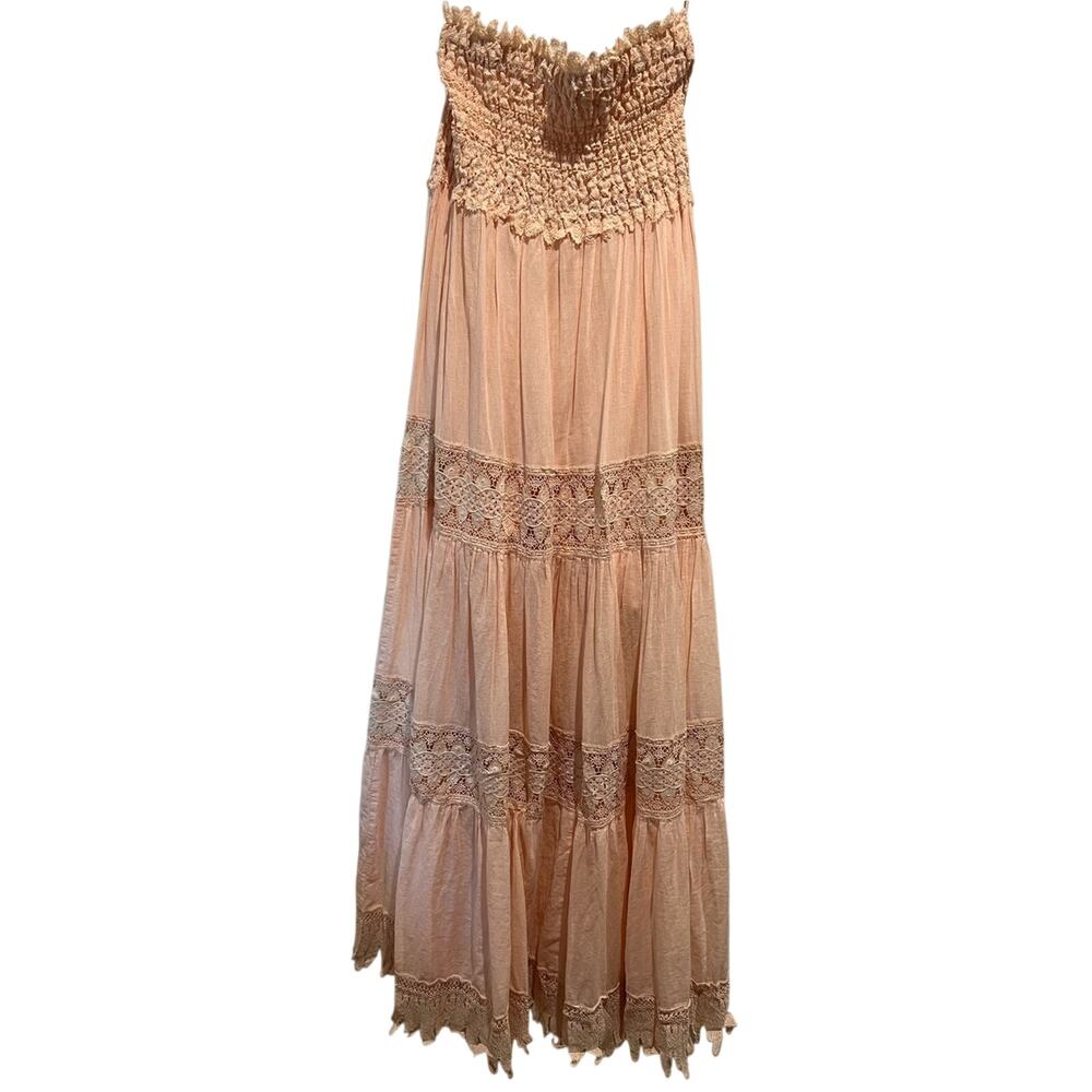 INA Pink Lace Trim Smocked Maxi Dress Crochet Style Boho Tiered Cotton Size S